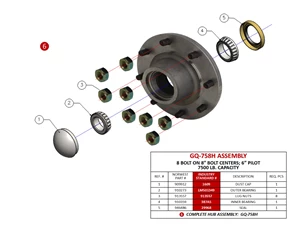 HUB COMPLETE, 7500# CAP. W/ 8 BOLTS ON 8'' BC & 6'' PILOT"