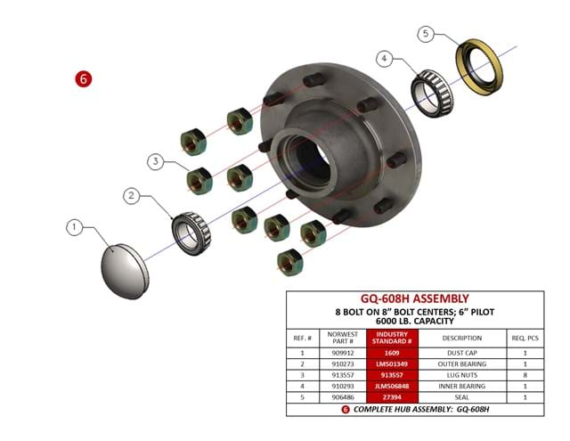 HUB COMPLETE, 6,000 # CAP. W/8 BOLTS ON 8'' BC. & 6'' PILOT"