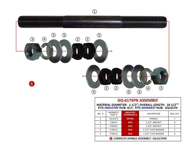 COMPLETE SPINDLE ASSEMBLY FOR GQ-617 HUB - 1.50'' MATERIAL