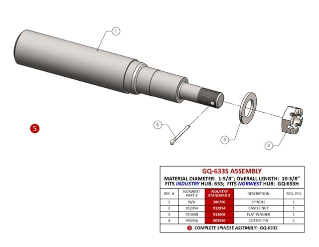 SPINDLE COMPLETE FOR GQ-633H 1 5/8'' x 10 3/8''