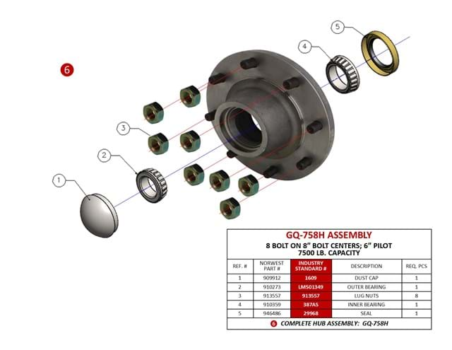 HUB COMPLETE, 6000# CAP. W/ 8 BOLTS ON 8'' BC & 6'' PILOT"