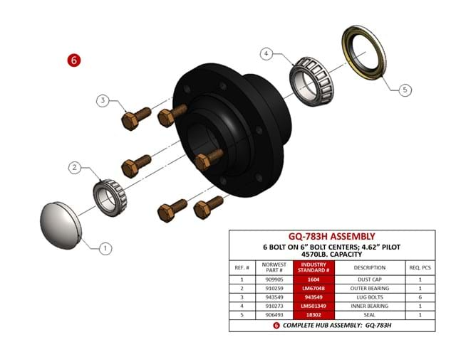 HUB COMPLETE, 4570# CAP. W/ 6 BOLTS ON 6'' BC & 4.62'' PILOT"